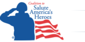 Logo for the Coalition to Salute America's heros. Image is a sillouette of a person in military with red stripes of a flag waving.