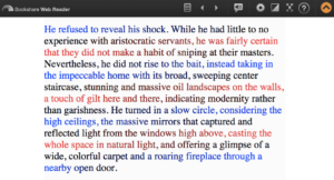 Screen shot of a passage from a book showing text in gradients of color in blue, black and red