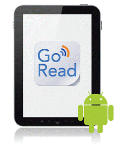 GoRead app for Android logo. The words "GoRead" are on a tablet screen with a tiny green robot on the side.