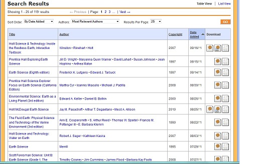 a screenshot showing Earth Science titles