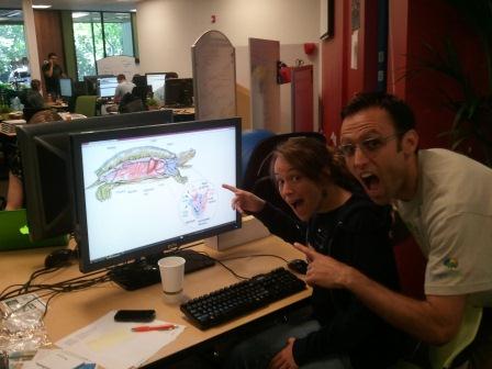 Two Google volunteers, Seth Marbin and Kat Pham-Ouyang, are pointing to an image of a turtle
