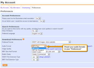 Screen capture of the Bookshare Account Page to show how to set your audio format preference.