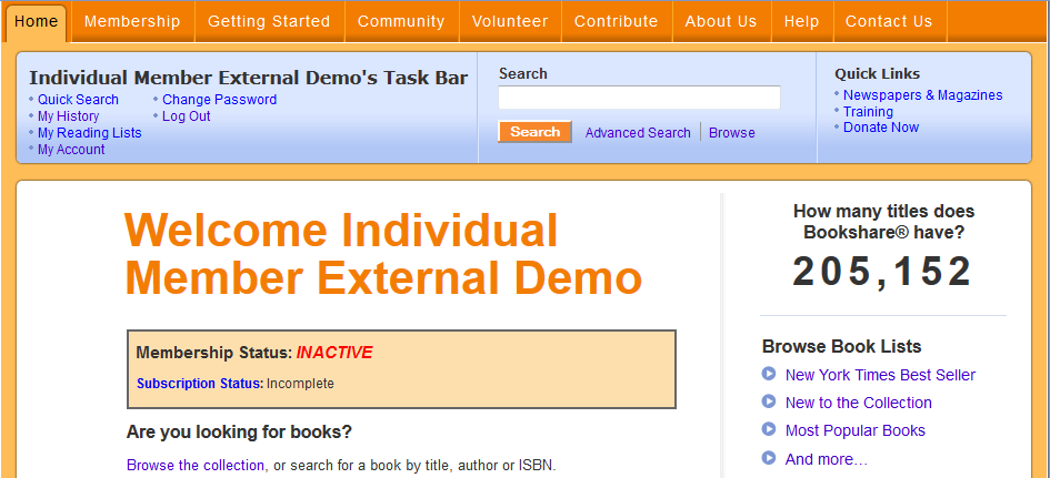 Screen shot of Bookshare Individual Membership Status Page.