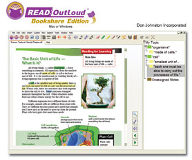 Screenshot of the Read:OutLoud Bookshare Edition reading tool. The photo features a science text surrounded by accessible navigation tools, such as a dictionary, note- taking outline, and bibliographer tool.