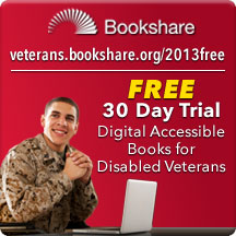 Bookshare FREE TRIAL logo displays veteran in wheelchair and link to sign up page.