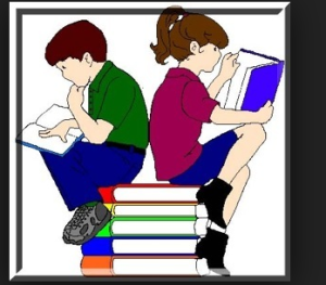 Illustrated image of two  teens sitting on a stack of books reading.