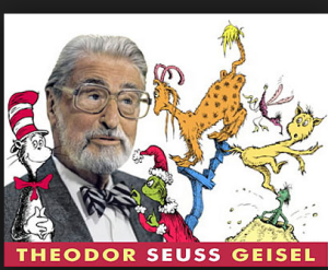 Colorful image of Dr. Seuss with large eye glasses surrounded by many of his book characters