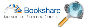 Bookshare logo and a magnifying glass hovering over 3 fingerprints, Summer of Sleuths Reading Contest
