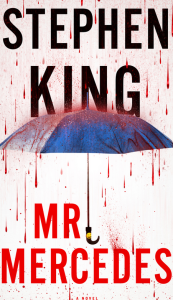 Mr. Mercedes book cover. Image of an umbrella dripping with blood.