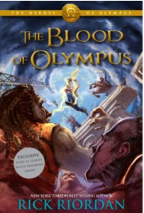Book Cover of Rick Riordan's "The Blood of Olympus" Image of Greek mythological characters and columns spiraling down into a swirling oceanspriling 