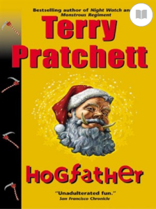 Book Cover of Hogfather by Terry Pratchett. An Image of Santa Clause with large hog tusks.