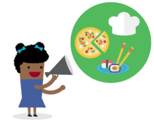 Graphic of girl with megaphone looking at pizza, sushi and a chef's hat
