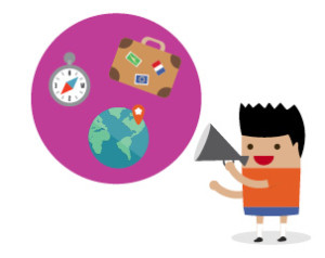 Theme graphic showing boy with megaphone next to suitcase, compass and globe