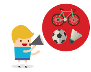 Sports & Fitness theme graphic with boy and images of a bike, soccer ball, and badminton birdie