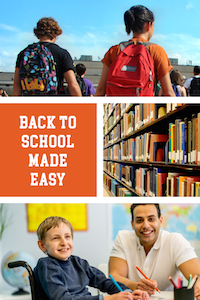Back to school made easy graphic with students, a teacher, and books on shelves