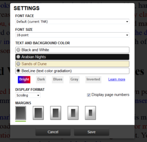 screen shot of the Bookshare Web Reader settings window that allows you to select font face, font size, text and background color, and display format