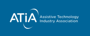 Blue and white ATIA logo with Assistive Technology Industry Association