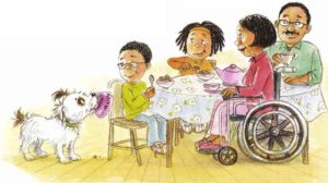 Illustration from Dinner with Maisy showing a father, mother, son and daughter at the dinner table with Maisy the dog holding her bowl