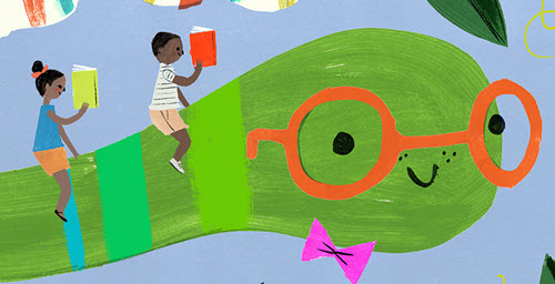 two kids reading books are sitting on a giant bookworm's neck