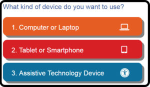 screen for reading tool wizard that asks: What kind of device do you want to use? Three choices: (1) computer or laptop; (2) tablet or smartphone; (3) assistive technology device