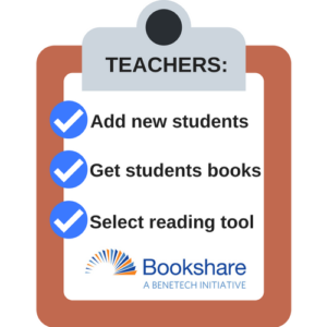 Clipboard with a checklist for teachers that says: add new students; get students books; select reading tool