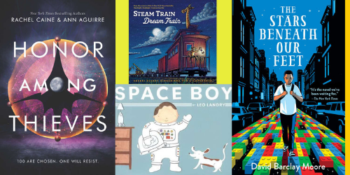 book covers for Honor Among Thieves; Space Boy; Steam Train, Dream Train; The Stars Beneath Our Feet