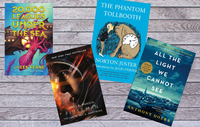 Covers for 20,000 Leagues Under the Sea, First Man, The Phantom Tollbooth, and All the Light We Cannot See