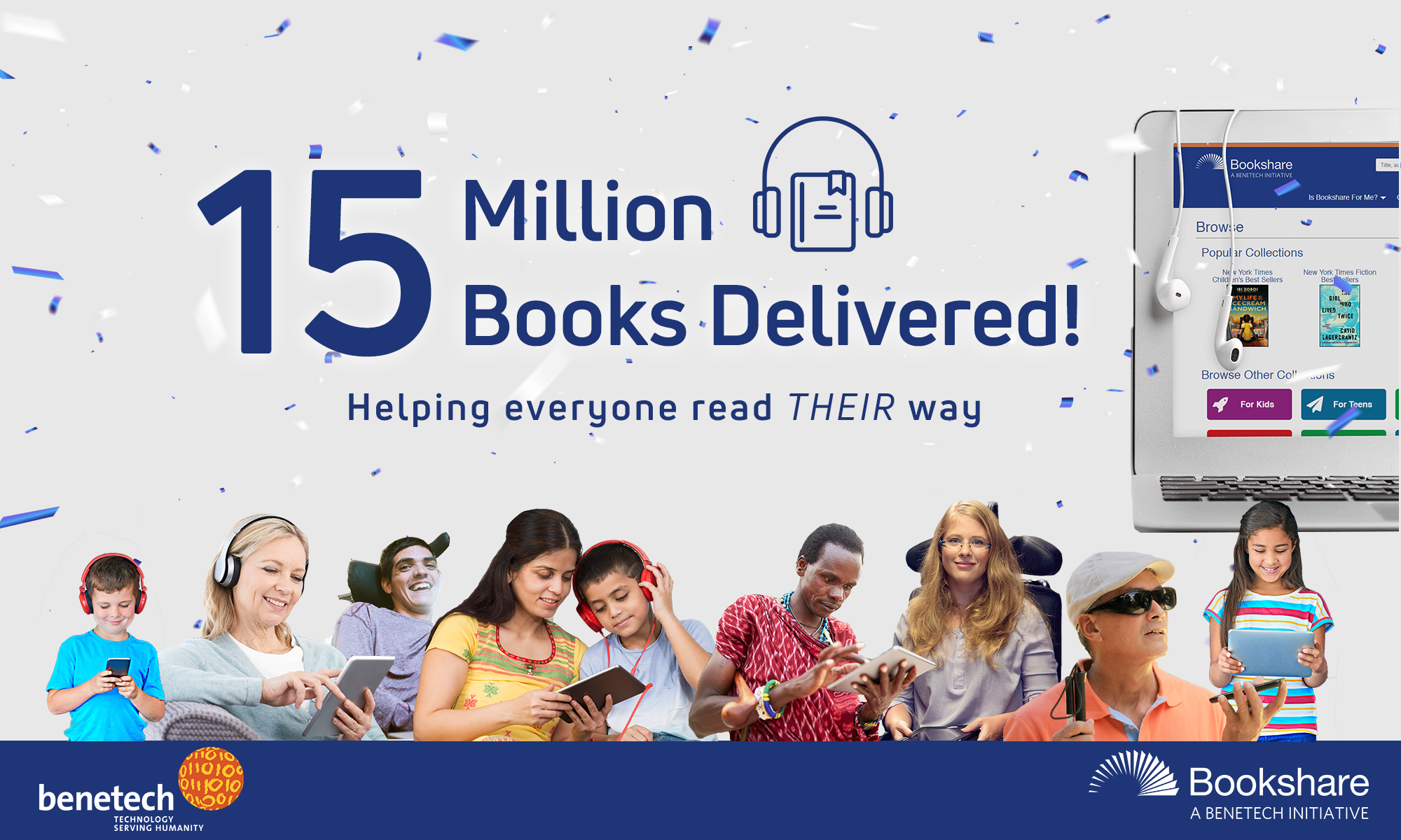 Audiobook icon and photos of people of different ages and backgrounds reading on various devices. Text: 15 Million books delivered! Helping everyone read their way.