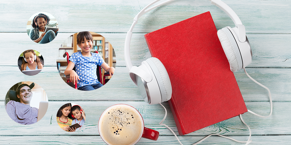 Five photos of people appear to the left of a book wearing headphones and a mug of cocoa