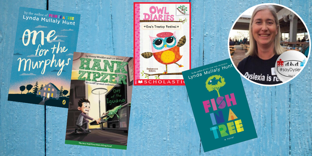 Book covers for One for the Murphys, Hank Zipzer, The Owl Diaries, and Fish in a Tree and Tiffany's photo is on the right