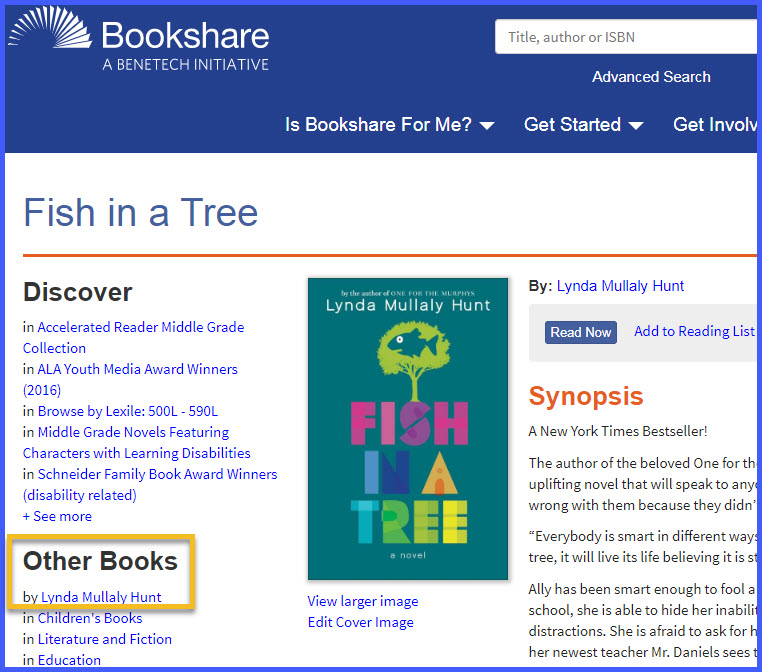 Bookshare screen capture showing Fish in a Tree, the synopsis, reading lists that this book is on, and a link to other books by the author, Lynda Mullaly Hunt