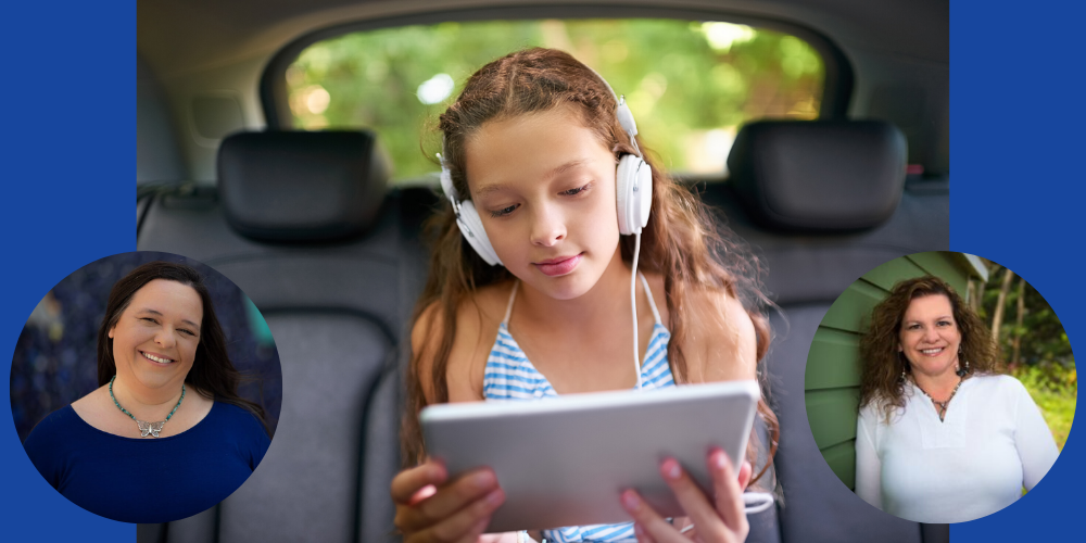 A middle grade girl reads a tablet and wears headphones in a car with a photo of Megan Shanley on the left and Hillary Goldthwait-Fowles on the right