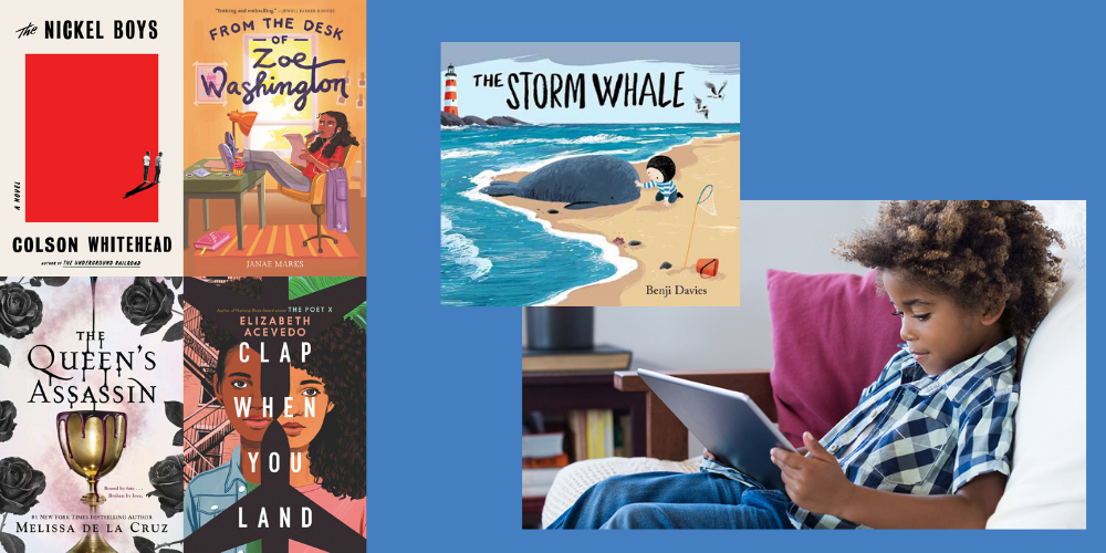 A boy sits on a couch reading a tablet with five book covers on the left: The Nickel Boys, From the Desk of Zoe Washington, The Queen's Assassin, Clap When You Land, and The Storm Whale