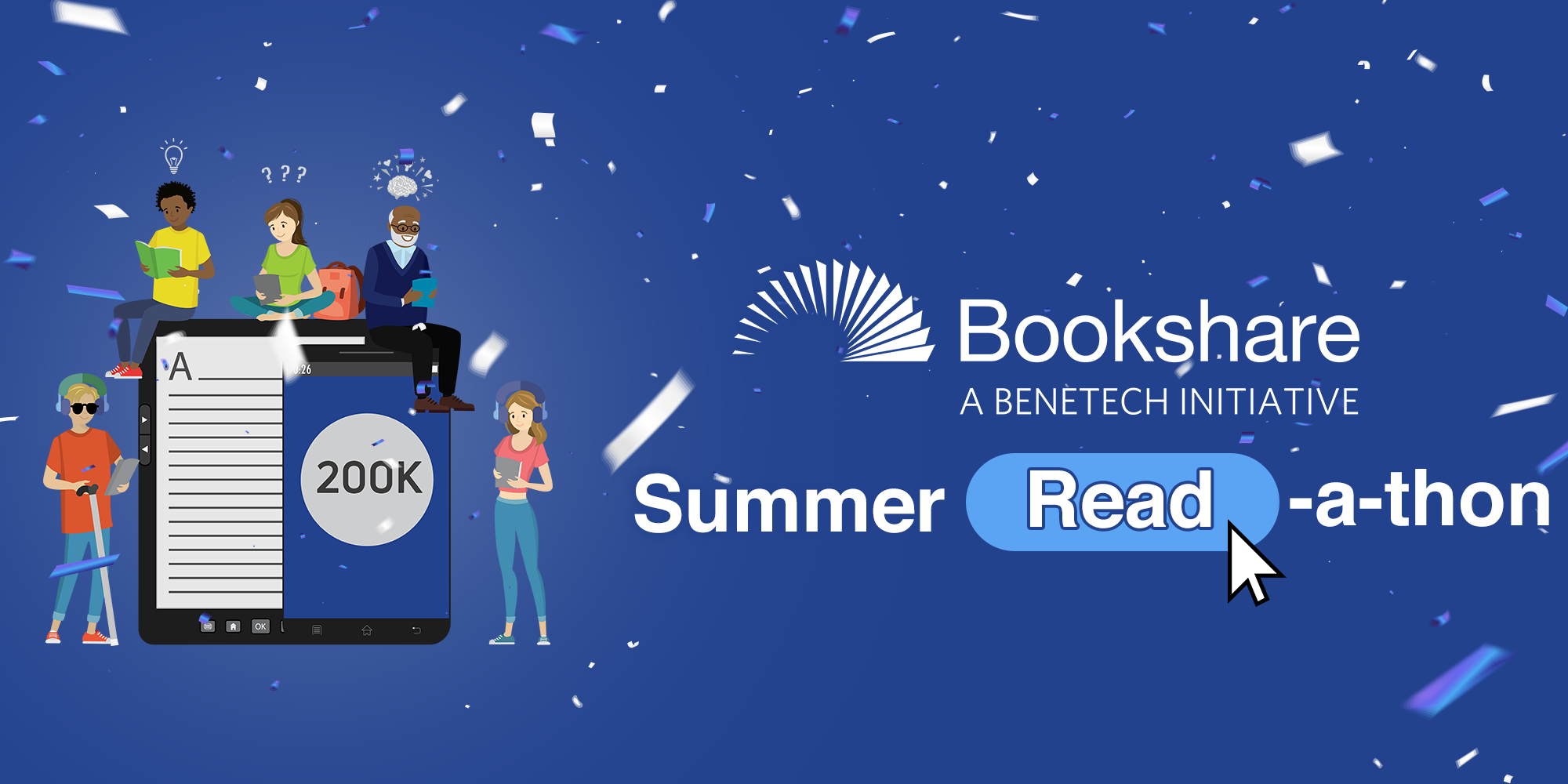 Bookshare #AllInTogether Summer Read-a-thon tips for parents with 4 graphic figures reading books and 200K on a device with confetti.