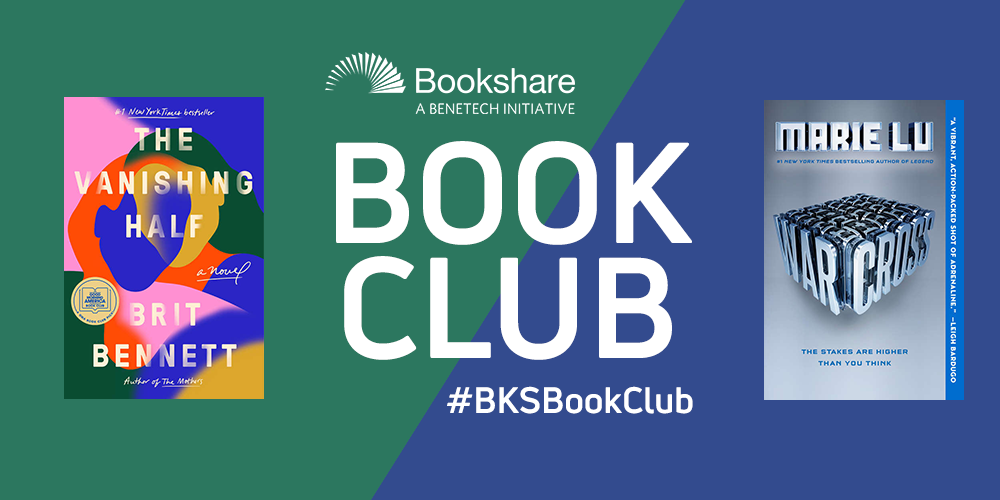 Bookshare Book Club poster with book covers of Warcross and The Vanishing Half