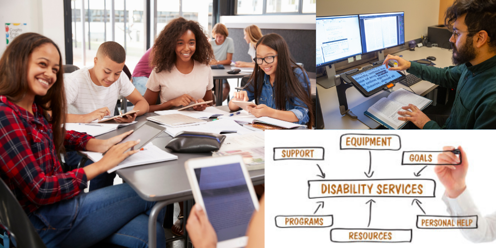 Five students are studying around a table next to a diagram that says disability services surrounded by the words resources, programs, support, equipment, goals, and personal help. Above the diagram is a photo of a man using a screen magnifier.