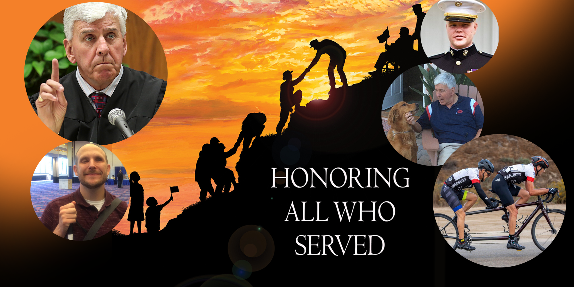 Photos of veterans David Szumowski, Tim Fallon, Tim Hornik, and Tom Perez overlay a background showing soldiers climbing a hill and saying Honoring All Who Served