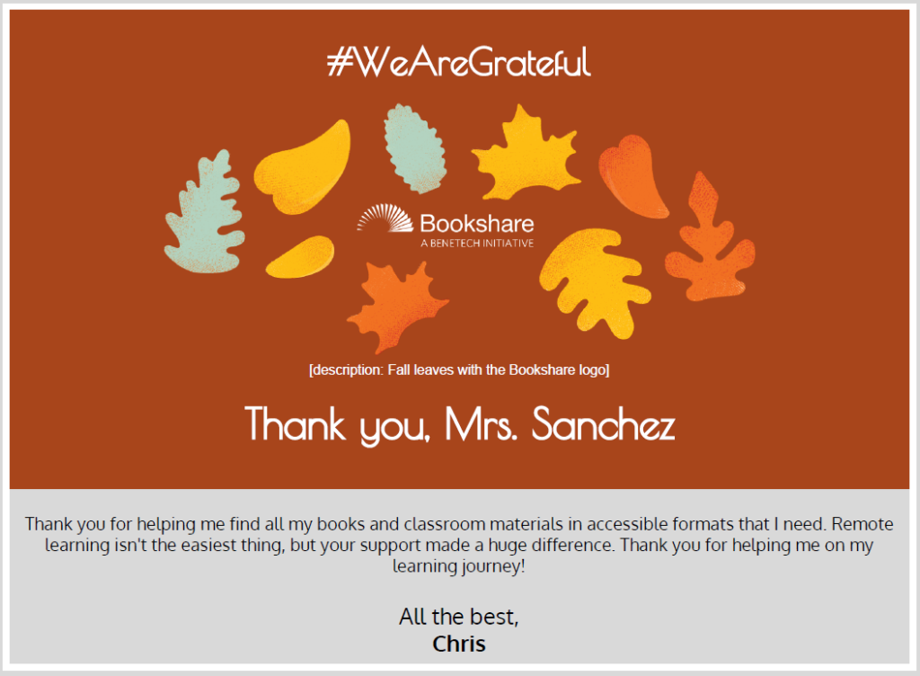 Thank you card with autumn leaves and Bookshare logo.