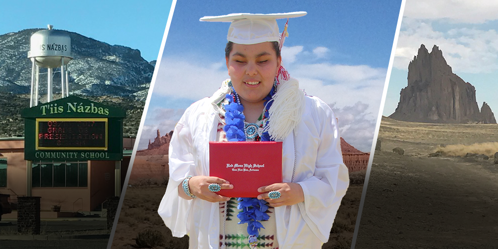 A collage with photos of the Tiis Nazbas Community School, a young woman in cap and gown holding a diploma, and Ship Rock in the desert