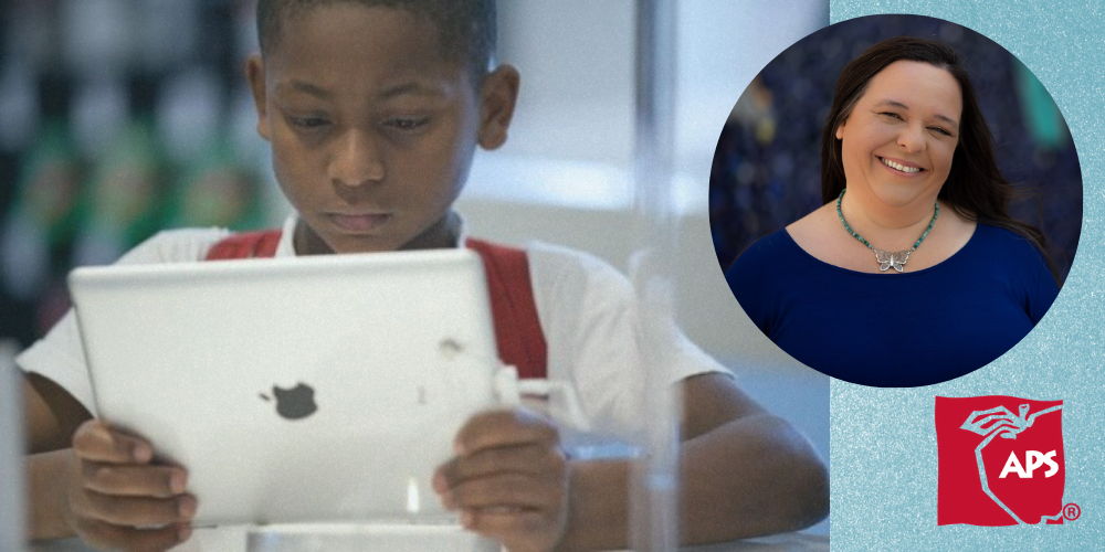 a young boy reads on a tablet with Megan Shanley's photo on the right and the Albuquerque Public Schools logo at the bottom