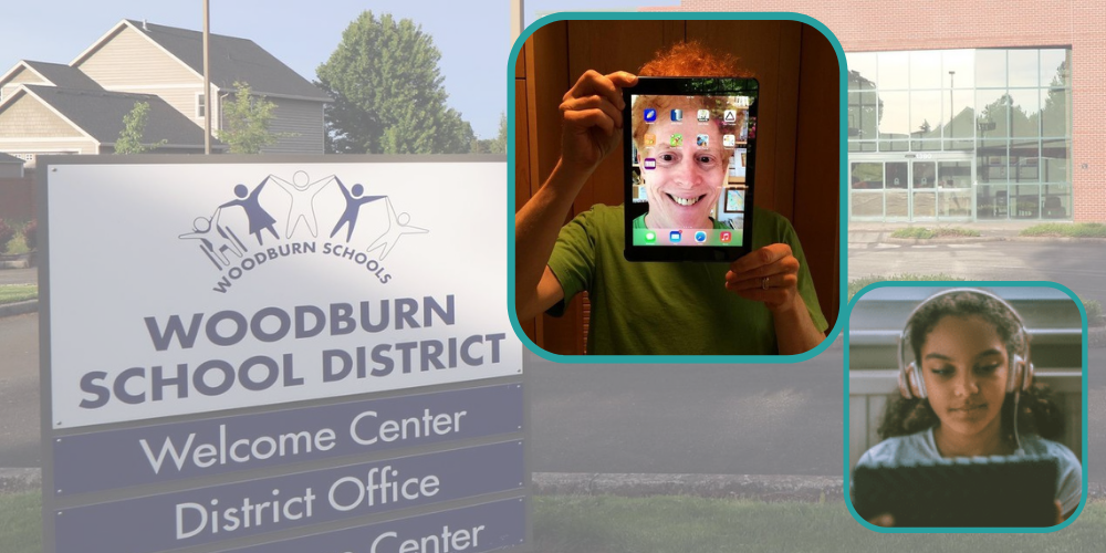 Woodburn School District sign and Tigard-Tualatin School District logo appear on either side of a photo of Bruce holding an iPad and a girl wearing headphones and using a tablet