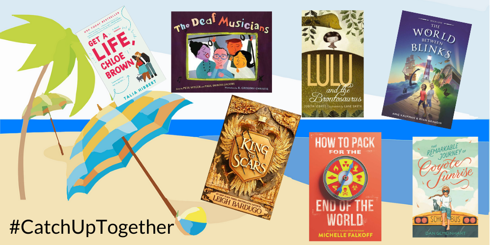 A palm tree and 2 umbrellas are on a beach with 7 book covers and #CatchUpTogether