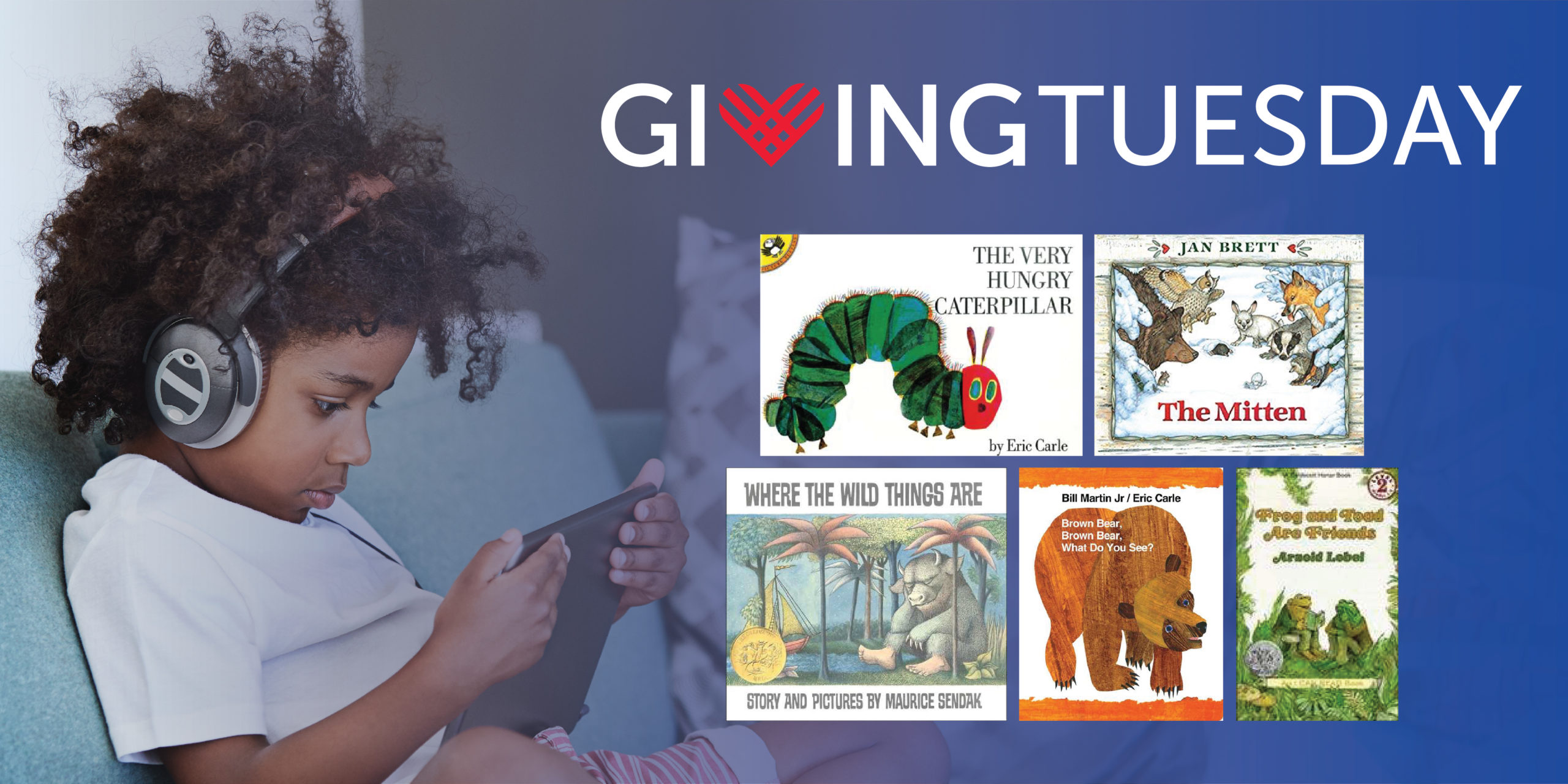 A young boy wears headphones and reads on a tablet with Giving Tuesday above 5 children's books