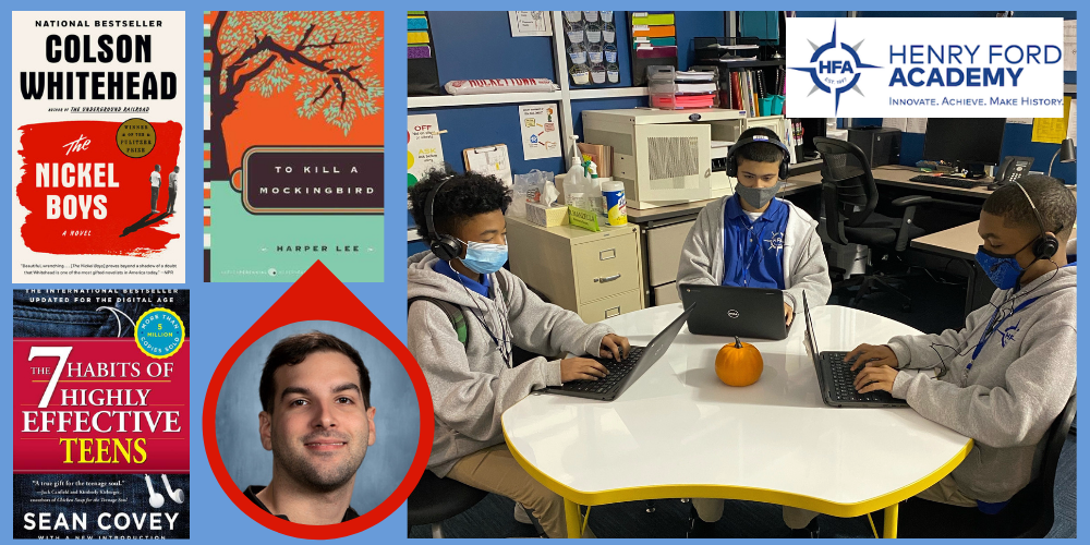 three students read books on computers in a classroom next to book covers of The Nickel Boys, To Kill A Mockingbird, and The 7 Habits of Highly Effective Teens and a photo of Joe Manzella