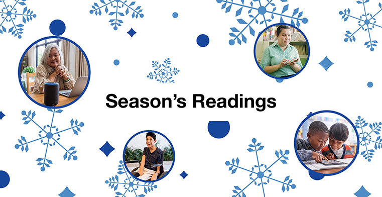 Season's Readings is surrounded by blue snowflakes and four photos of people reading ebooks