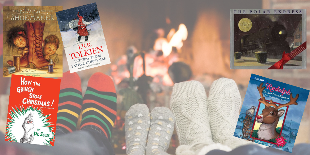 Three pairs of feet are on a table in front of a fireplace. Five books appear: The Elves and the Shoemaker, Letters from Father Christmas, How the Grinch Stole Christmas, The Polar Express, and Rudolp the Red-Nosed Reindeer