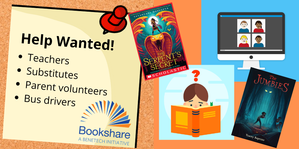 Sign says "Help Wanted: teachers, substitutes, parent volunteers, bus drivers" next to a Zoom screen, two books, and a student reading a book with a question mark over his head