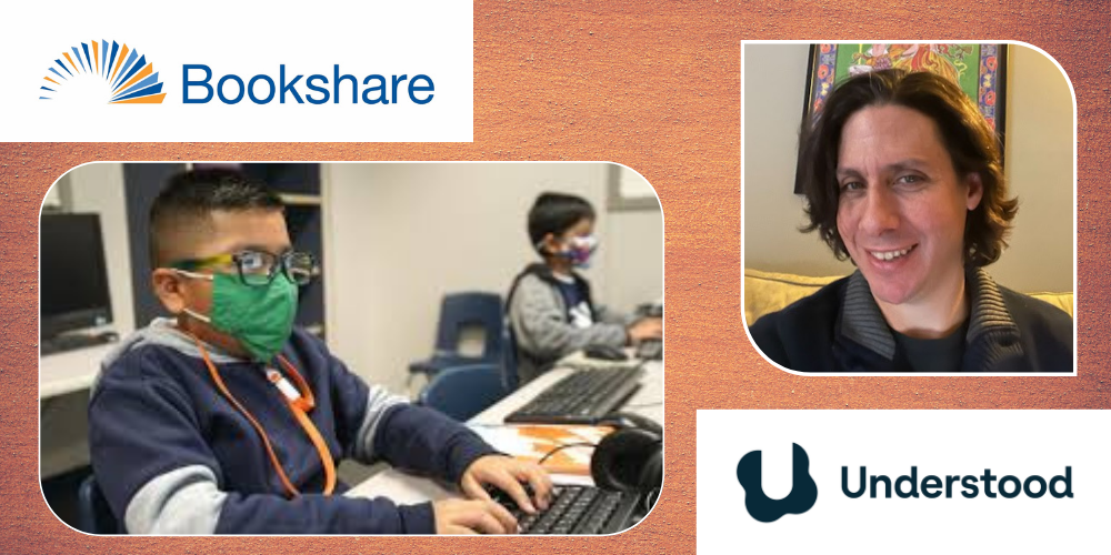 A young boy wearing a mask sits in front of a computer with another boy next to him. A headshot of Dr. Andrew Kahn appears above the Understood logo and to the right of the Bookshare logo.