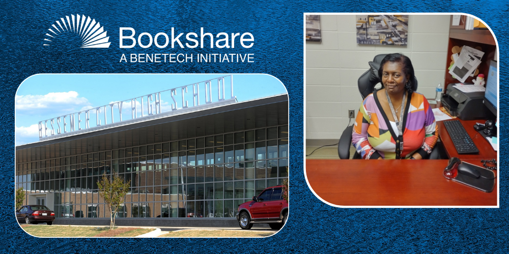 Bessemer City High School building is on the left below the Bookshare logo, and Tamela Winston sitting at her desk is on the right.