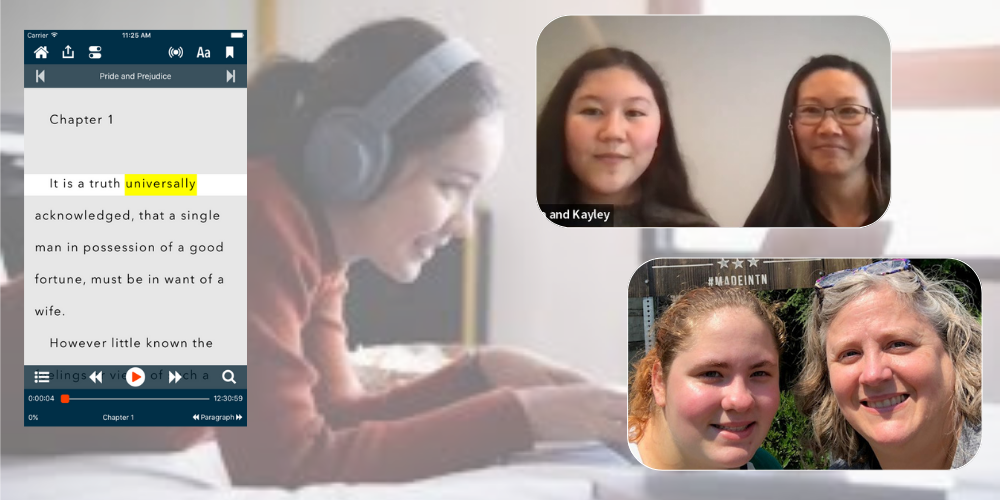 A tablet screen showing an ebook in Voice Dream Reader appears on the left, and photos of Kayley, Alanna, Beth, and Ella appear on the right
